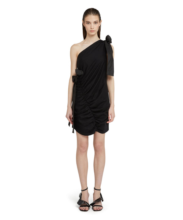 One-shoulder short dress in jersey with taffeta bows