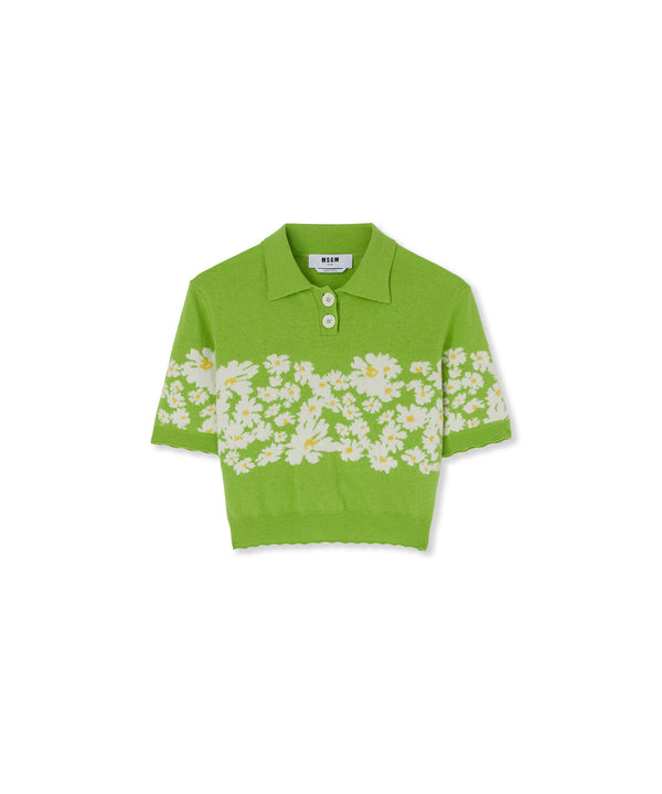 Blended cashmere polo shirt with jacquard daisies