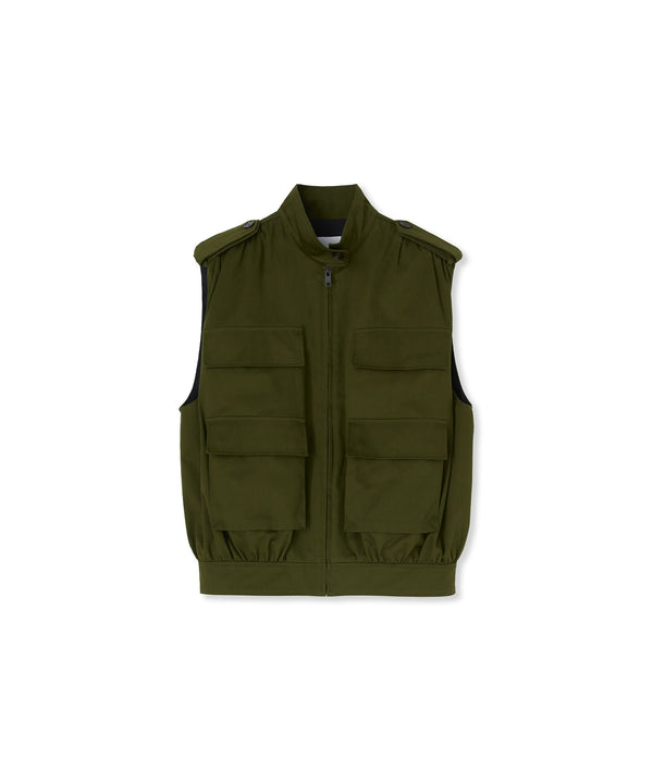 Gabardine cotton sleeveless jacket with big pockets
