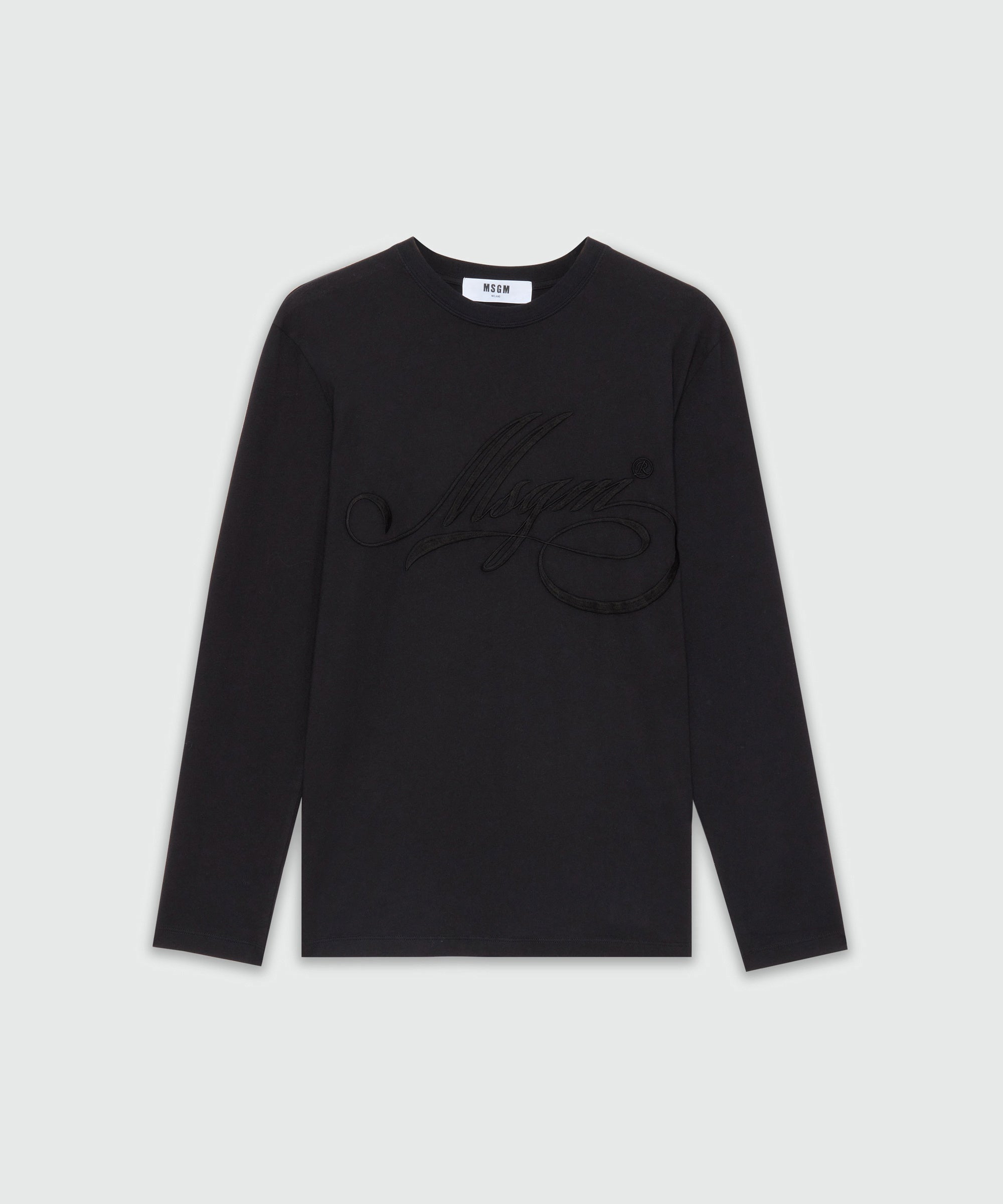 Long-sleeved black jersey T-shirt with cursive MSGM logo