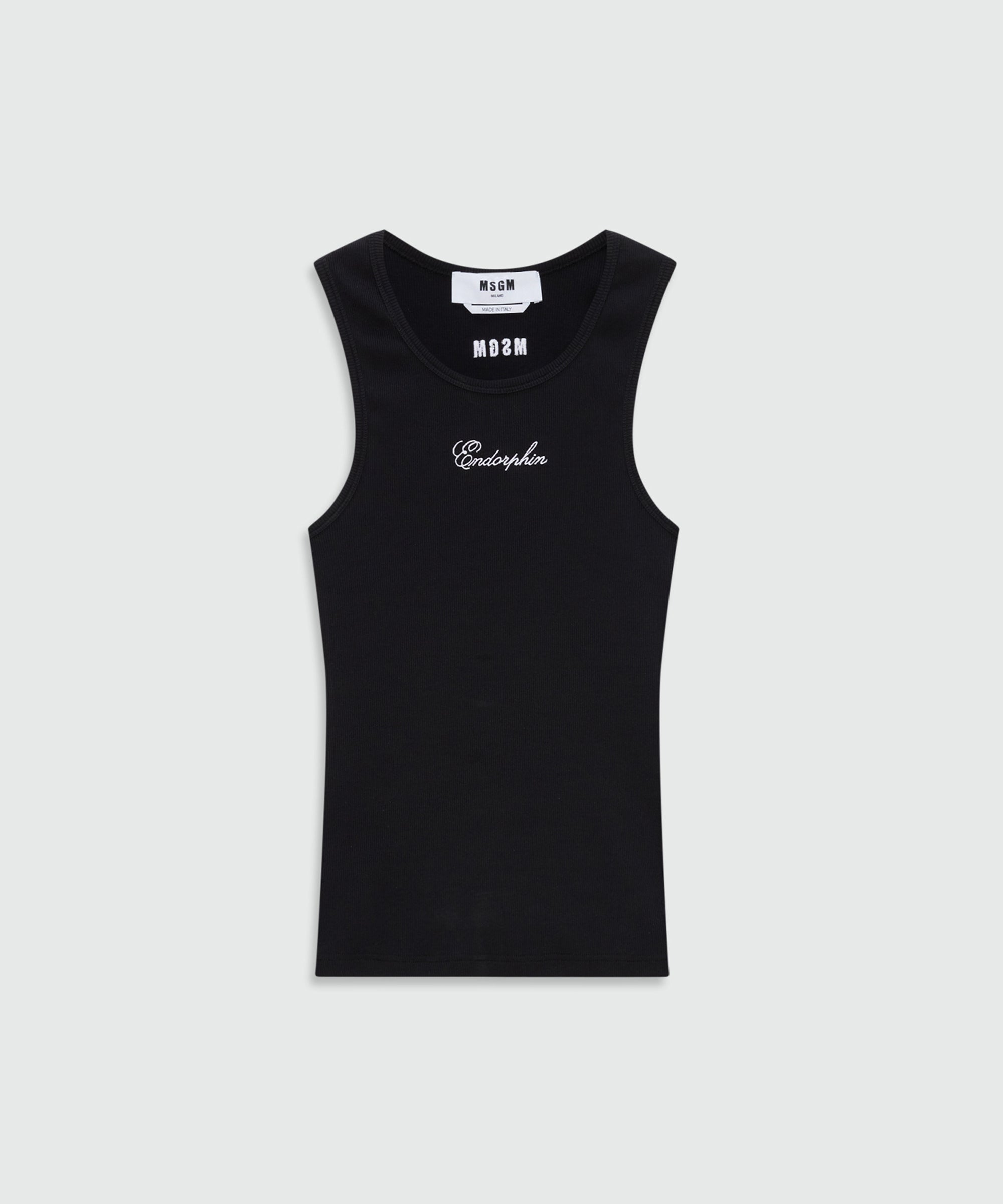 MSGM ブラック タンクトップ Black cotton ribbed tank top with front embroidery - MSGM Official