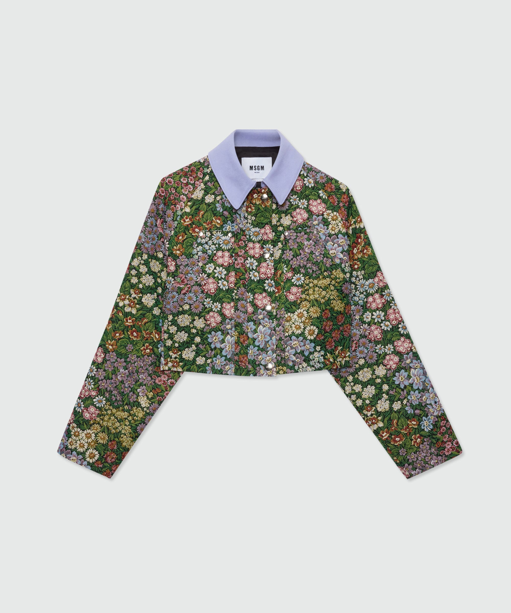 Multicolor cropped floral jacquard jacket with canvas collar