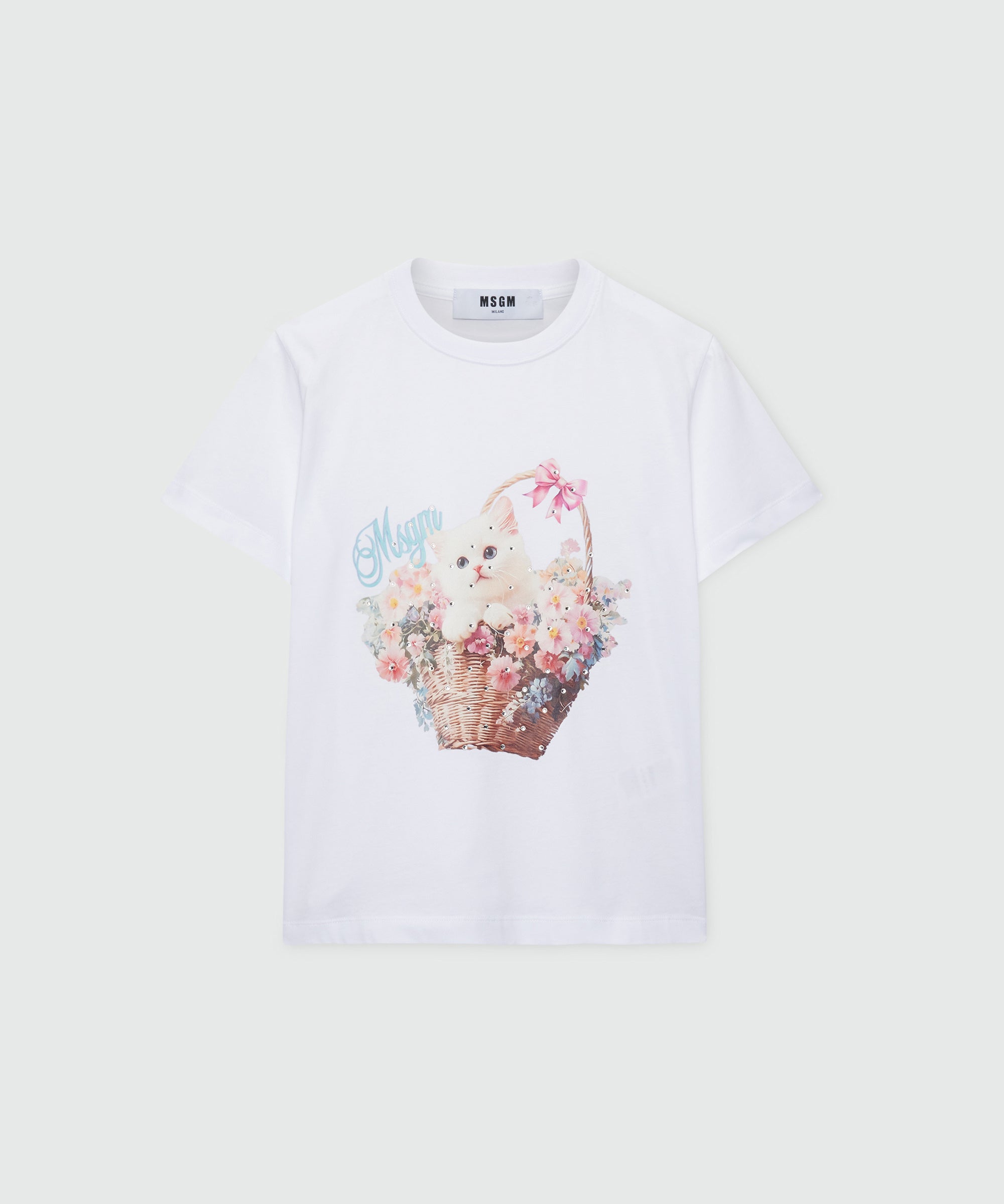 White short-sleeve cotton jersey T-shirt with front print - MSGM