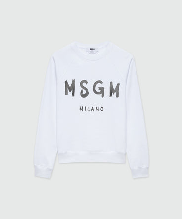 White crew neck sweatshirt with brushstroke logo