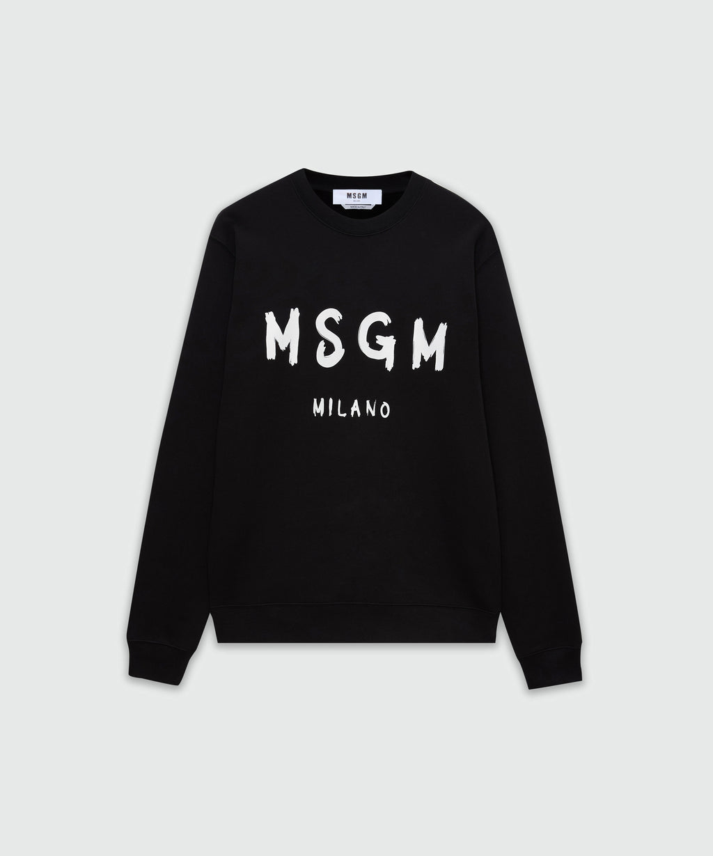 MSGM ＊ スウェット Black crew neck sweatshirt with brushstroke logo - MSGM Official