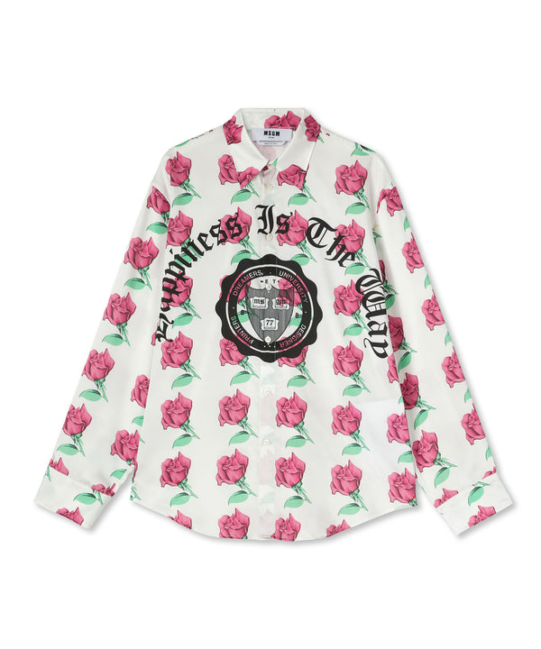 Shirt with "Emblem on Roses printed satin" print