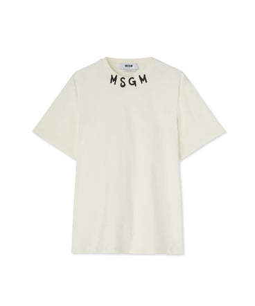 Cotton crewneck t-shirt wth  MSGM brushstroke logo positioned at the neck
