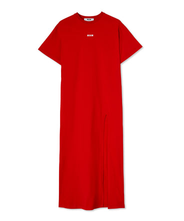 Long cotton dress with side slit and logo