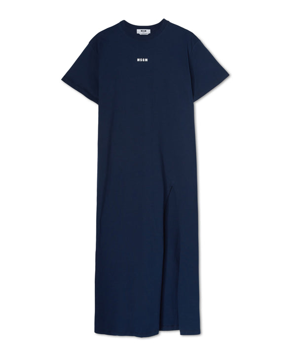 Long cotton dress with side slit and logo