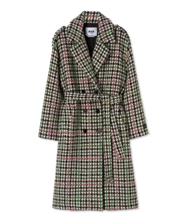 Wool double-breasted trench coat with belt and "Houndstooth Check" motif