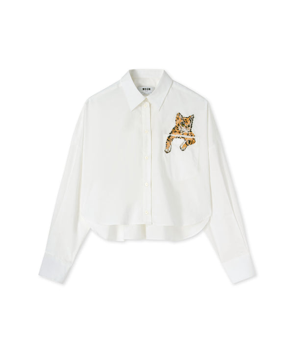 Poplin cotton crop top shirt with emblem