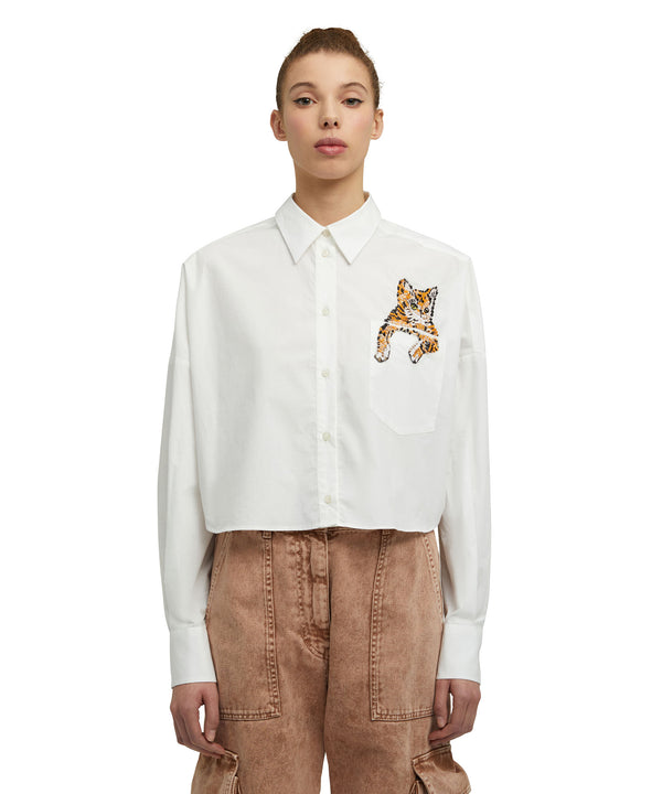 Poplin cotton crop top shirt with emblem