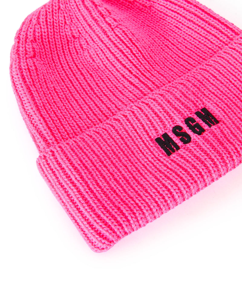 Blended wool beanie hat with embroidered mini logo PINK FLUO Women 