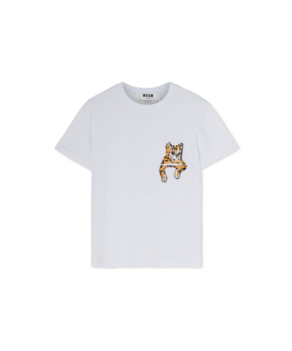Cotton crewneck t-shirt with "Cat on pocket" print