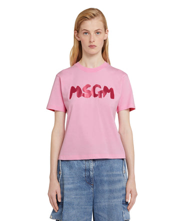 T-shirt girocollo in cotone con nuovo logo MSGM pennellato