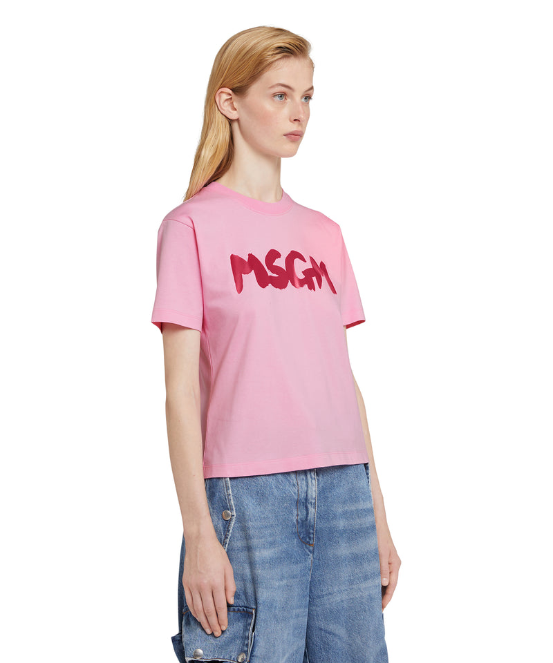 T-shirt girocollo in cotone con nuovo logo MSGM pennellato ROSA CHIARO Donna 