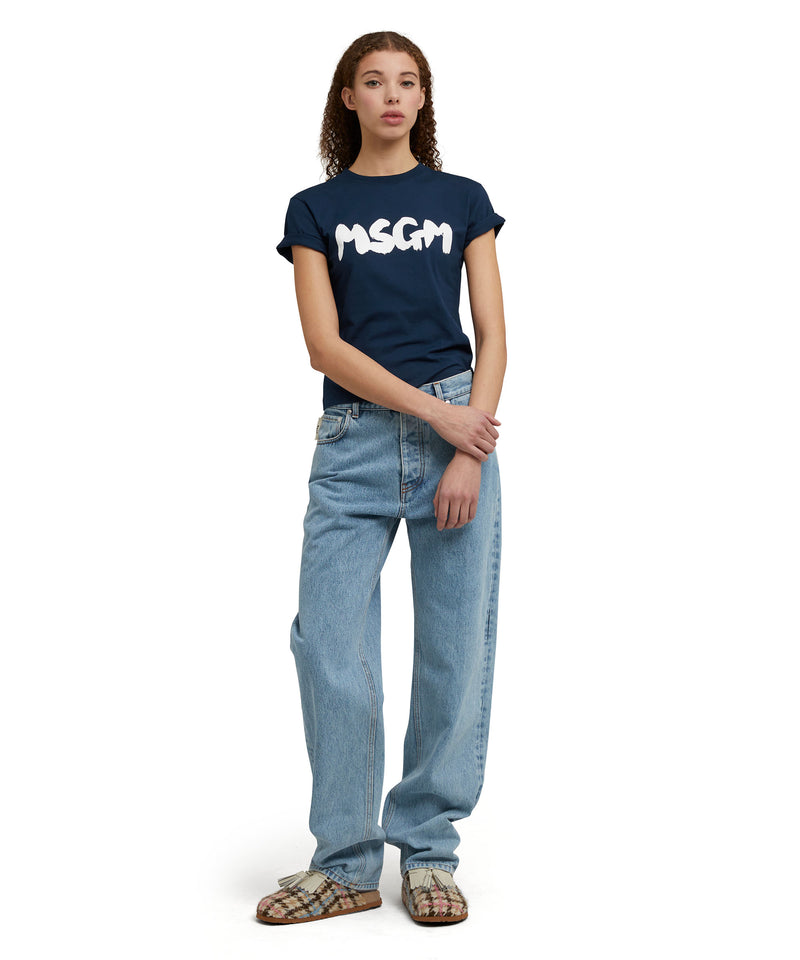 Cotton crewneck t-shirt with new MSGM brushed logo WHITE/BLUE Women 
