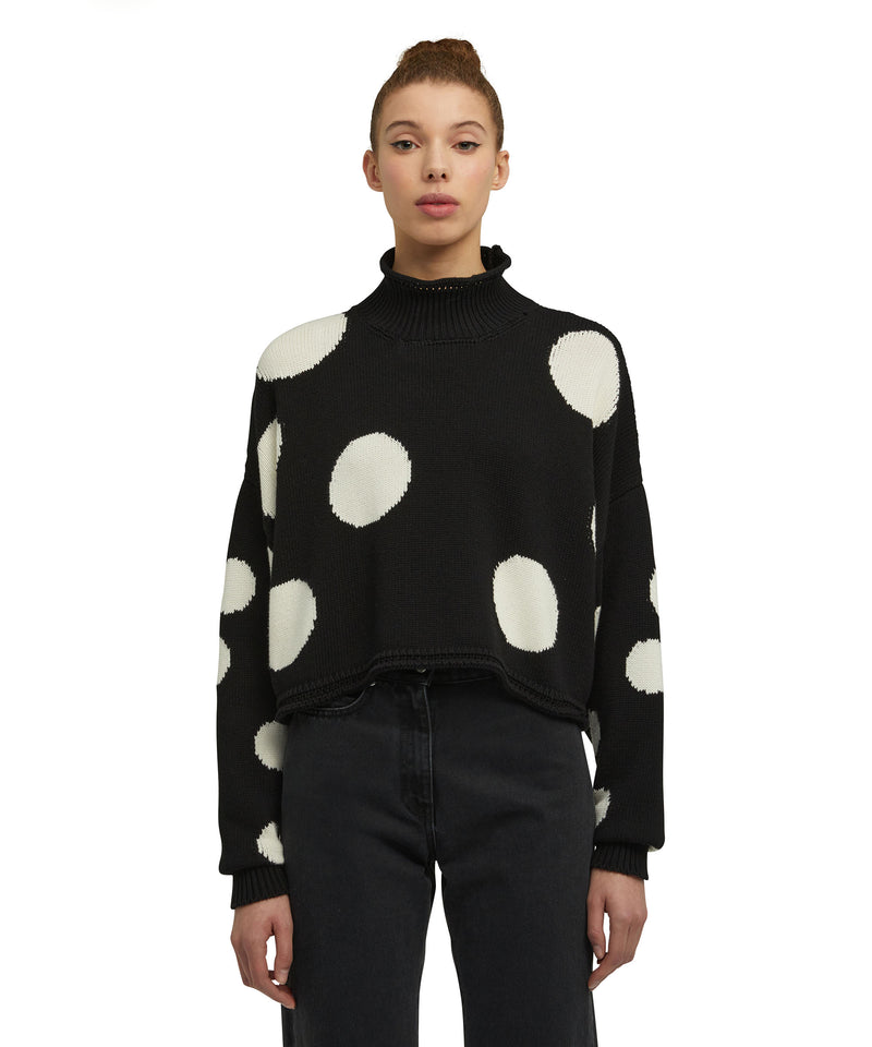 Cotton turtleneck sweater with high Macro Polka Dots BLACK Women 