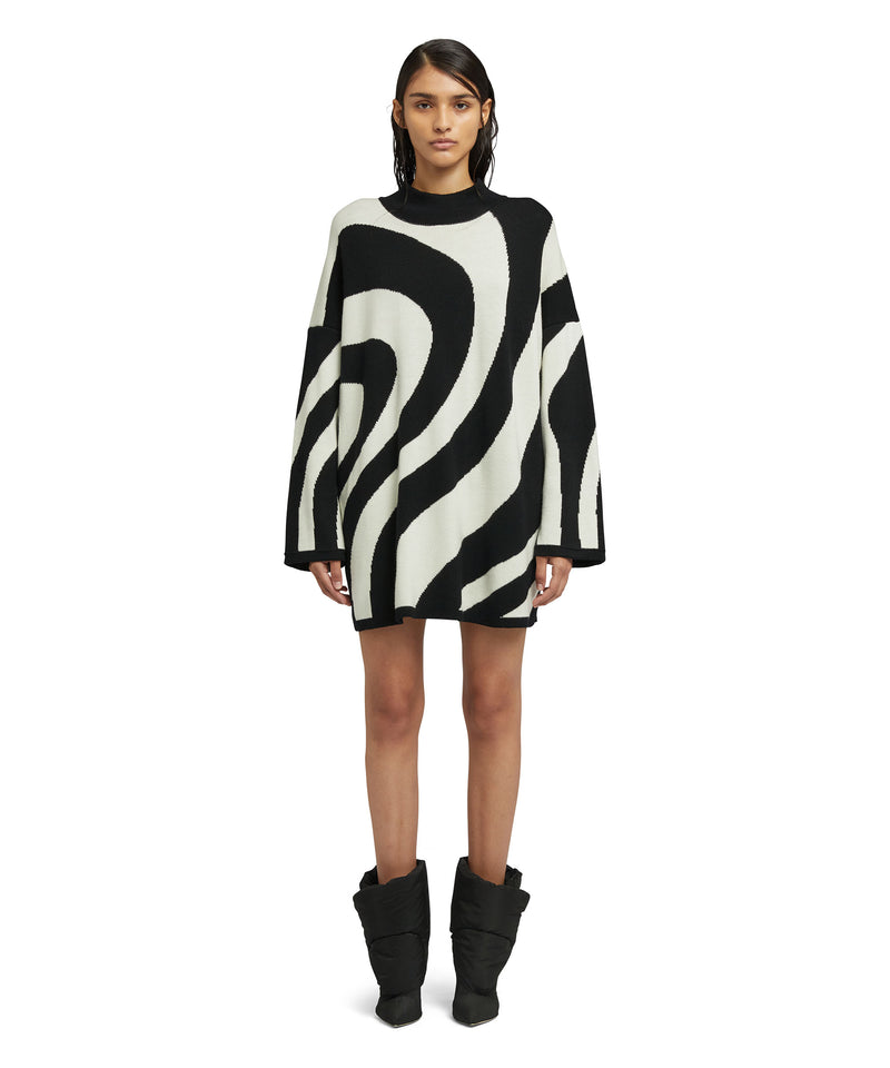 Midi dress with "Illusion Waves" print in pure wool BLACK Women 