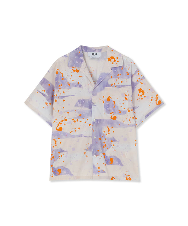 Poplin bowling shirt with "dripping camo" print