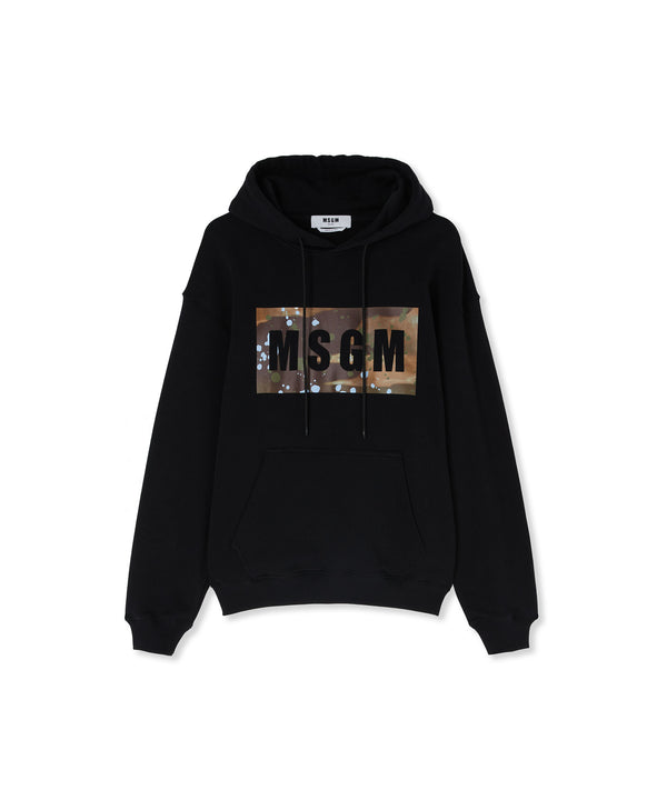 Hooded sweatshirt with camo box logo