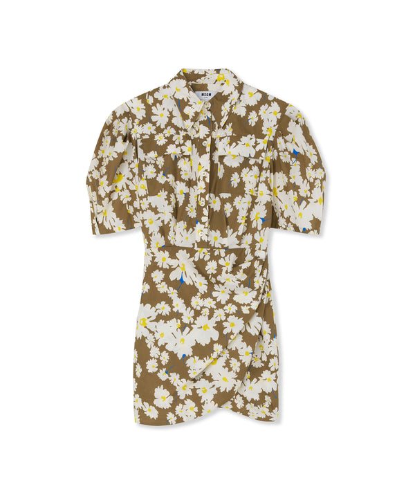 Poplin short draped dress with daisy print