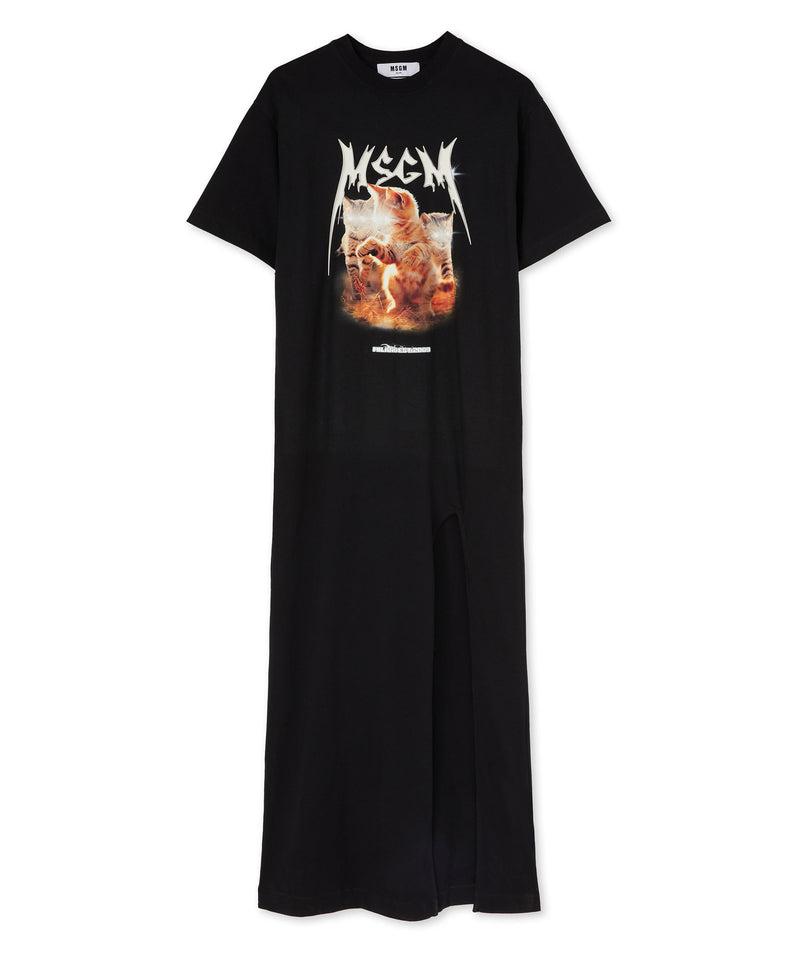 Long T-Shirt dress with "laser eyed cat" print BLACK Women 