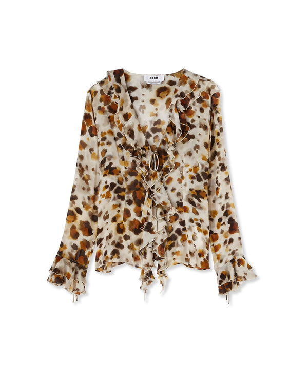 Ruffled blouse with georgette "watercolor leopard" print