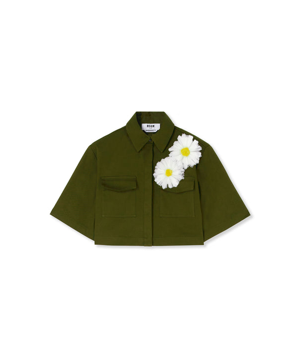 Stretch cotton gabardine crop shirt with daisy application