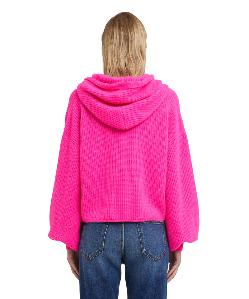 Blended cashmere hooded shirt with English ribbed stitching and embroidered logo FUCHSIA Women 