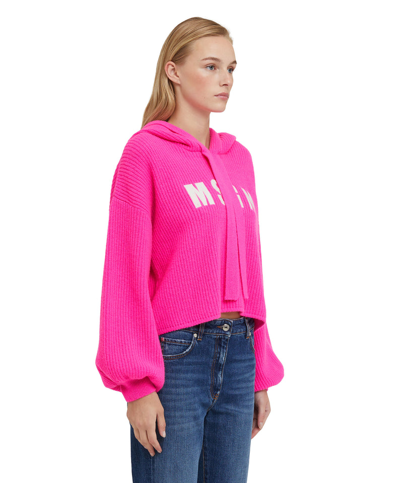 Blended cashmere hooded shirt with English ribbed stitching and embroidered logo FUCHSIA Women 