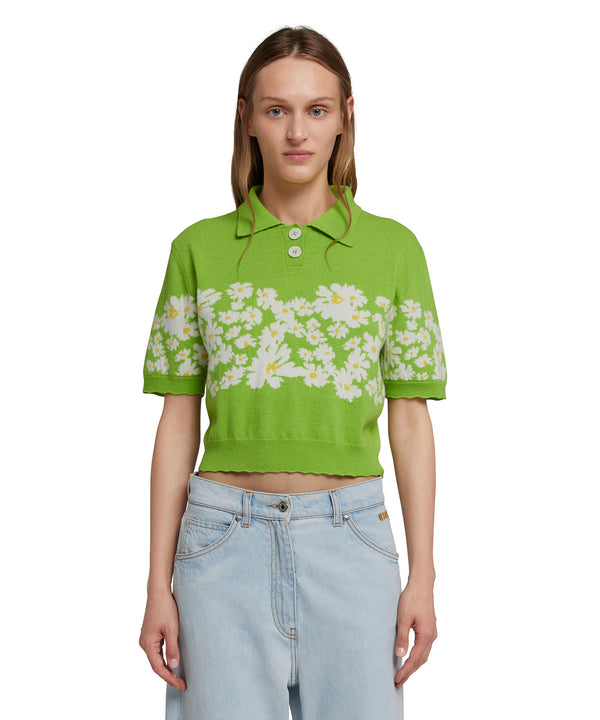 Blended cashmere polo shirt with jacquard daisies