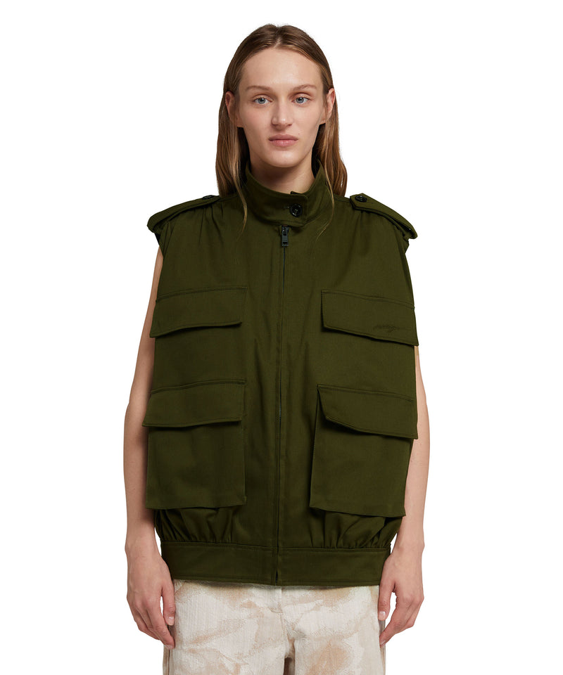 Gabardine cotton sleeveless jacket with big pockets MILITARY GREEN Women 