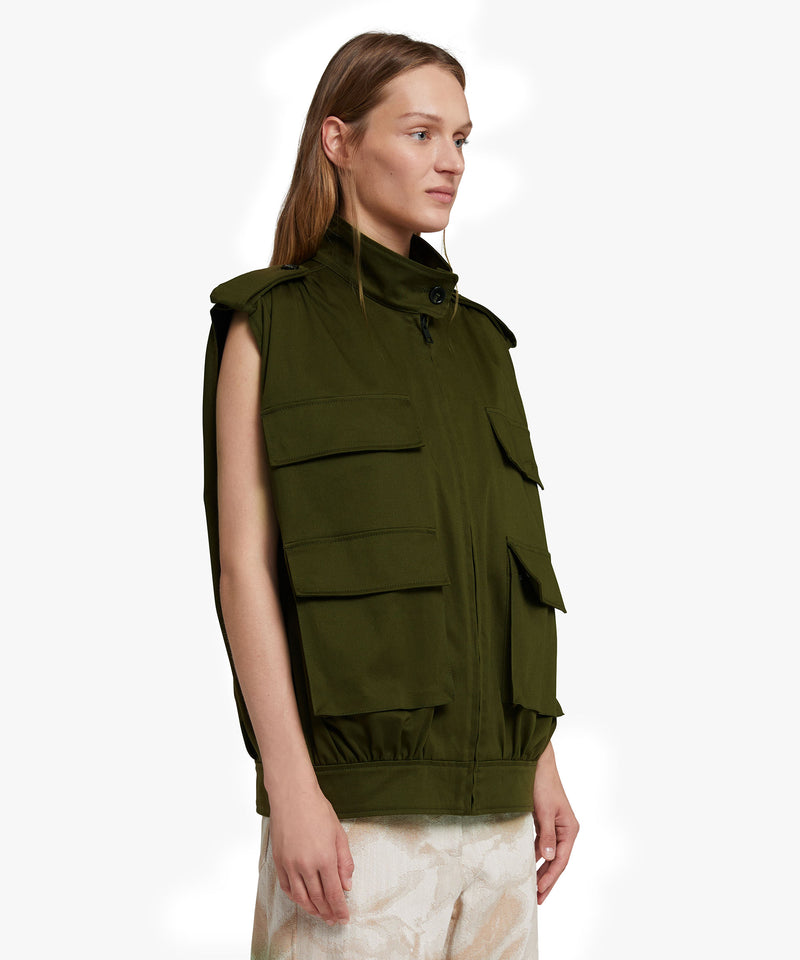 Gabardine cotton sleeveless jacket with big pockets MILITARY GREEN Women 