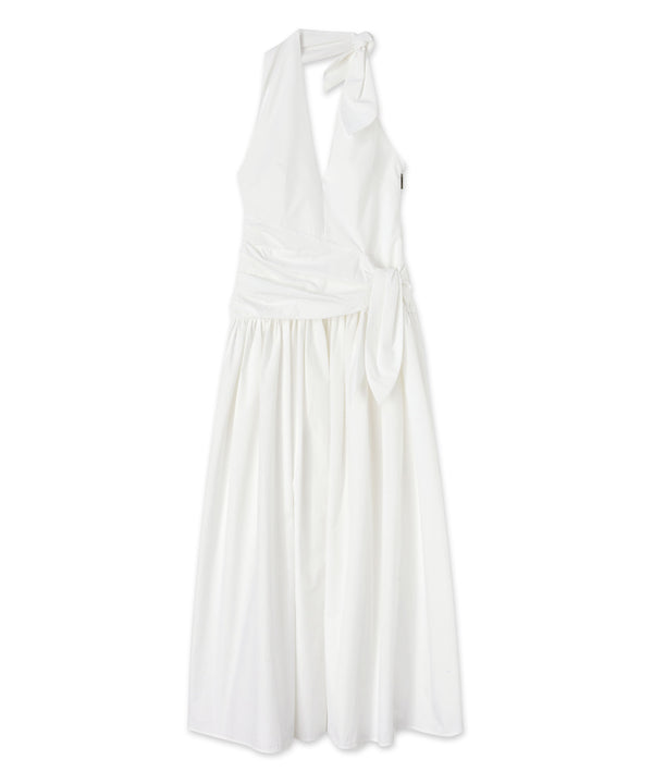Poplin long sleeveless dress with bowed waistline
