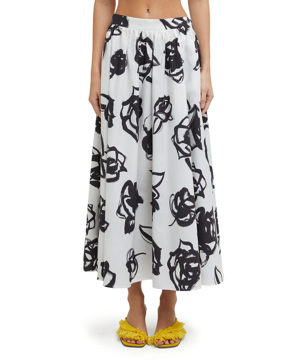 Wide poplin long skirt with rose brushstroke print