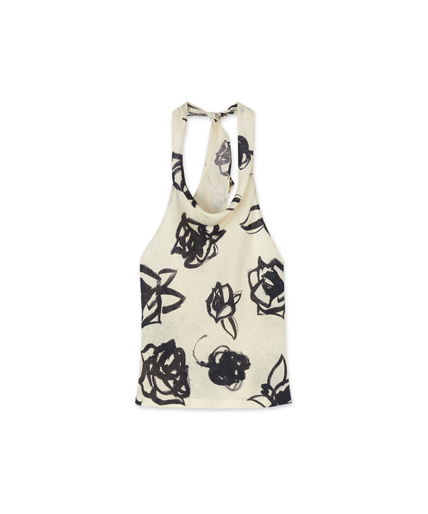 Blended linen sleeveless top with hooded collar and  brushstroke rose print