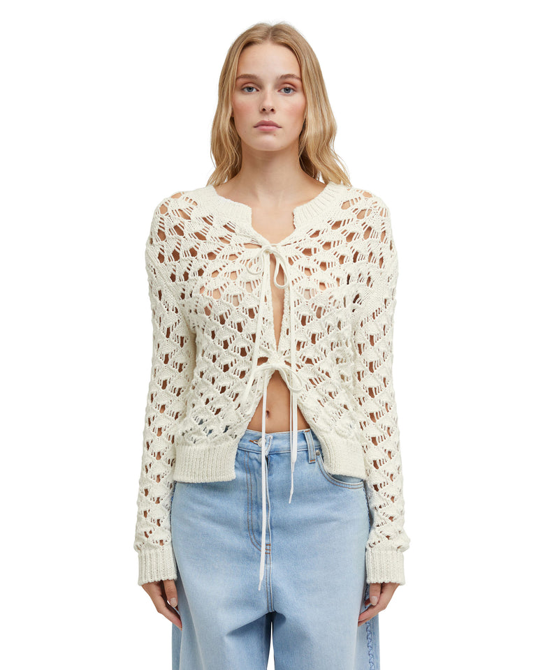 Crochet cotton crewneck cardigan OFF WHITE Women 