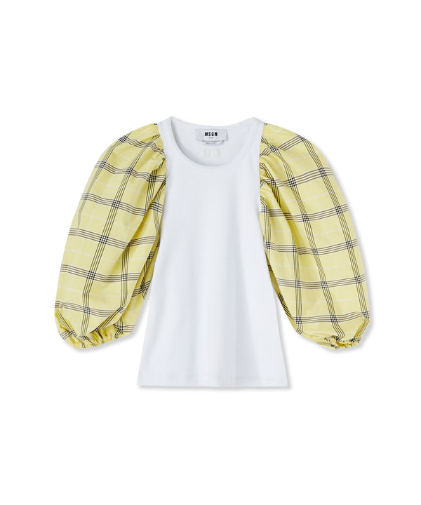 T-Shirt with puffed sleeves in check fabric
