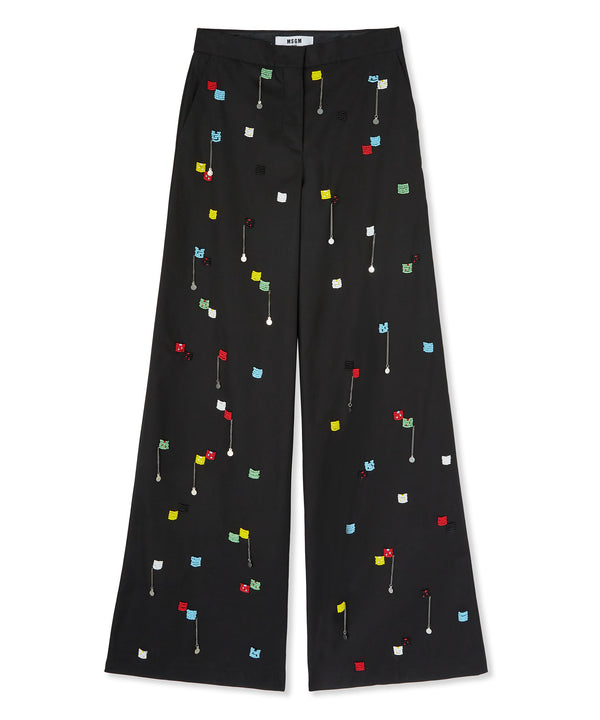 Stretch cotton gabardine roomy pants with embroidered beads