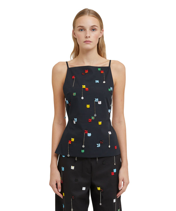Poplin top with suspenders and embroidered beads