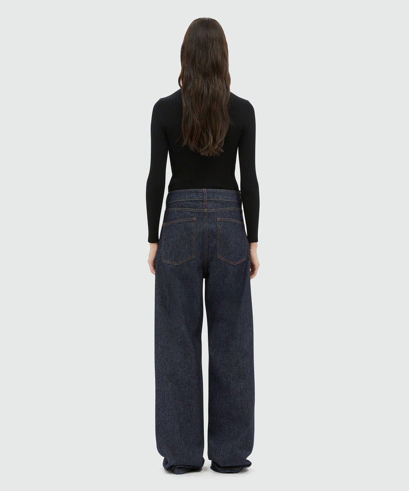 Wide-leg dark blue denim pants with studs - MSGM Official