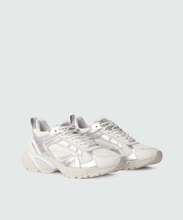 Silver and white leather Vulcano sneakers with mesh inserts
