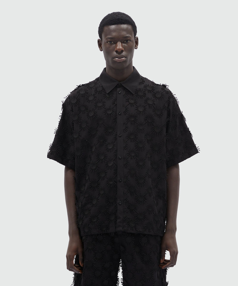 Black poplin shirt with all-over embroidery Black Men 
