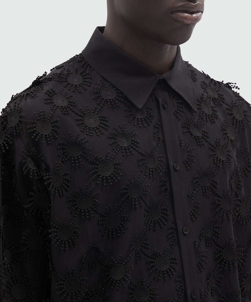 Black poplin shirt with all-over embroidery Black Men 