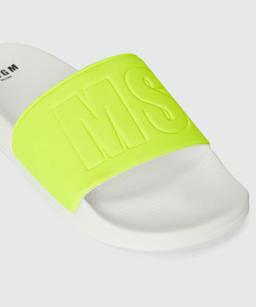 Pool slides bianche e giallo fluo con macrologo MSGM