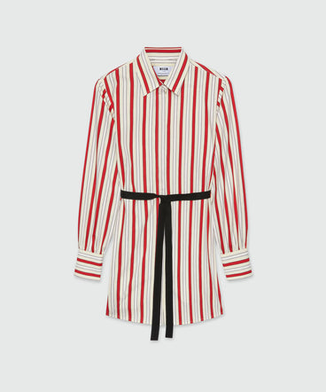 Abito chemisier in popeline bianco a righe rosse