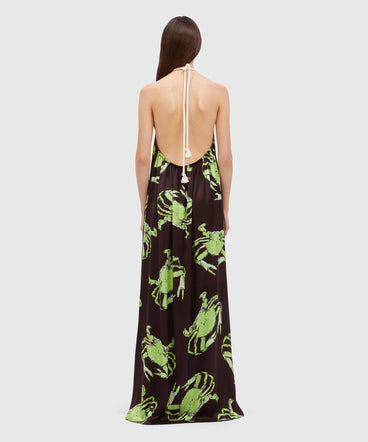 Long black satin dress with "King crab" print