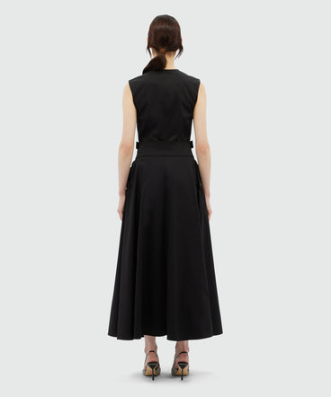 Sleeveless midi dress in black gabardine