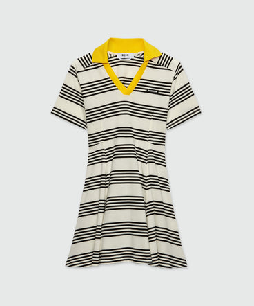 Polo dress in jersey with a black and white two-tone striped print